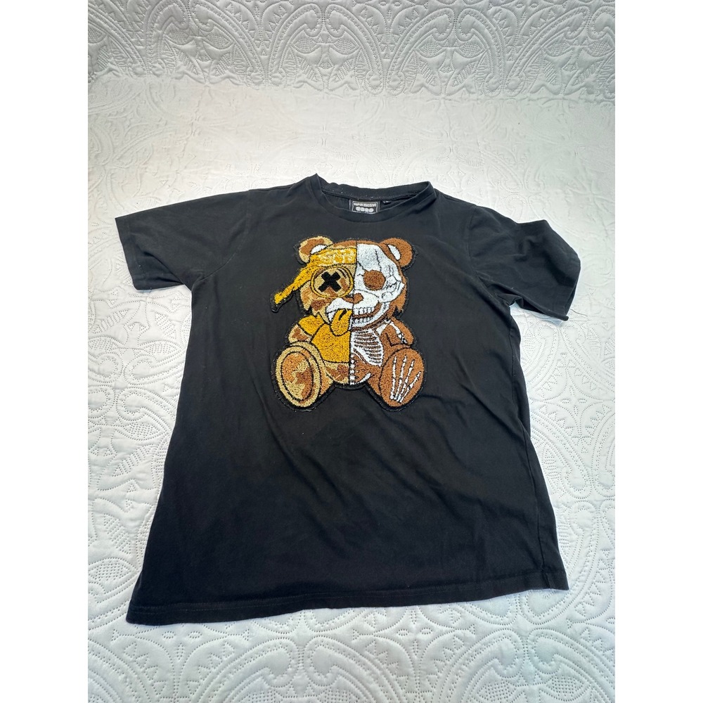 Super Massive Mens Black Split Skeleton Camo Bear Graphic T-Shirt Large